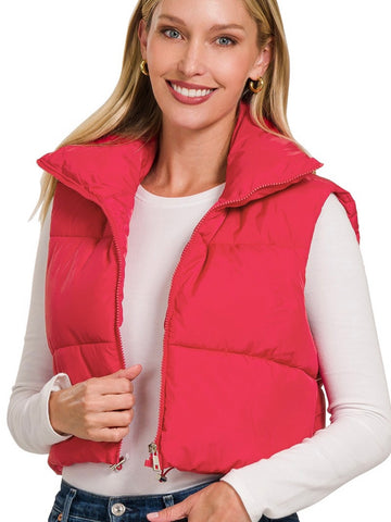 Cropped Puffer Vest: Ruby Red