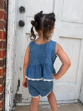 Dawn Daisies Peplum Set: Denim Blue