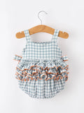 Summer Plaid Smocked “I ❤ MAMA” Girls Romper: Dusty Blue