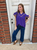 Victory Ruffles Top: Purple/ Yellow