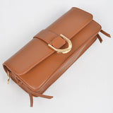 Faux Leather Rectangle Shoulder Bag: Camel