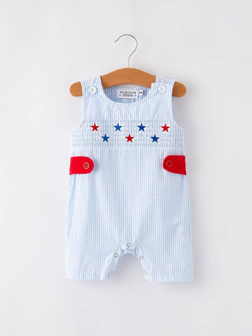 Star Embroidered Smocked Boys’ Romper: Blue