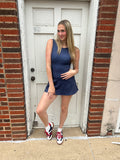 Court Side Cutie Dress: Navy Polka Dot