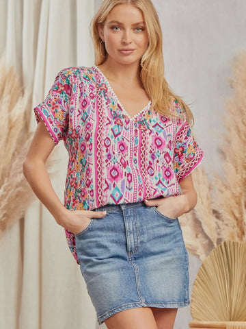 Forgotten Oasis Embroidery Top: Pink Mix