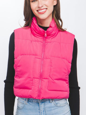 Cute Cropped Puffer Vest: Hot Pink
