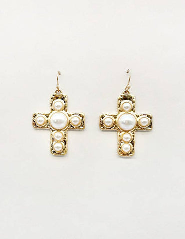 Pearl cross earrings: Gold