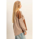 Harper Houndstooth Frayed Shacket: Camel Mix