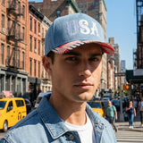 USA Patchwork Trucker Hat: Denim