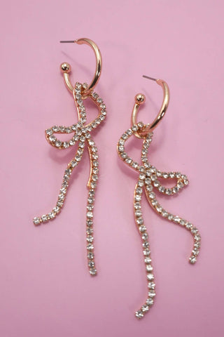 Bow Drop Rhinestone Earrings: Gold