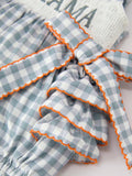 Summer Plaid Smocked “I ❤ MAMA” Girls Romper: Dusty Blue