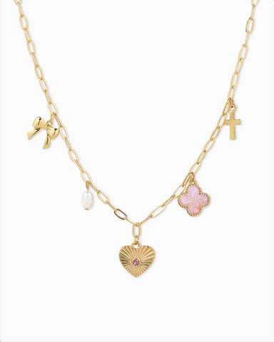 Sunburst Heart Charm Necklace: Pink