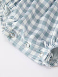 Summer Plaid Smocked “I ❤ MAMA” Girls Romper: Dusty Blue