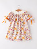 Fall Florals Smocked Girl Dress: Orange Mix