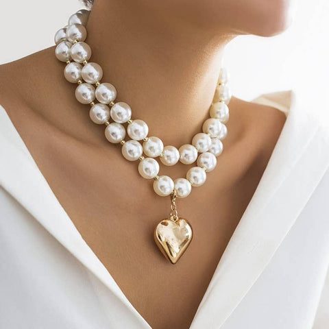 Chunky Pearl Heart Necklace: Gold