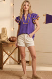 Victory Ruffles Top: Purple/ Yellow