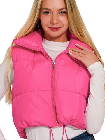 Cropped Puffer Vest: Hot Pink
