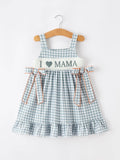 Summer Plaid Smocked “I ❤ MAMA” Girls Dress: Dusty Blue