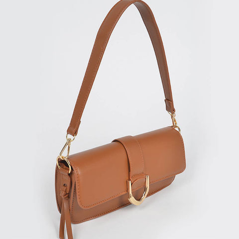 Faux Leather Rectangle Shoulder Bag: Camel
