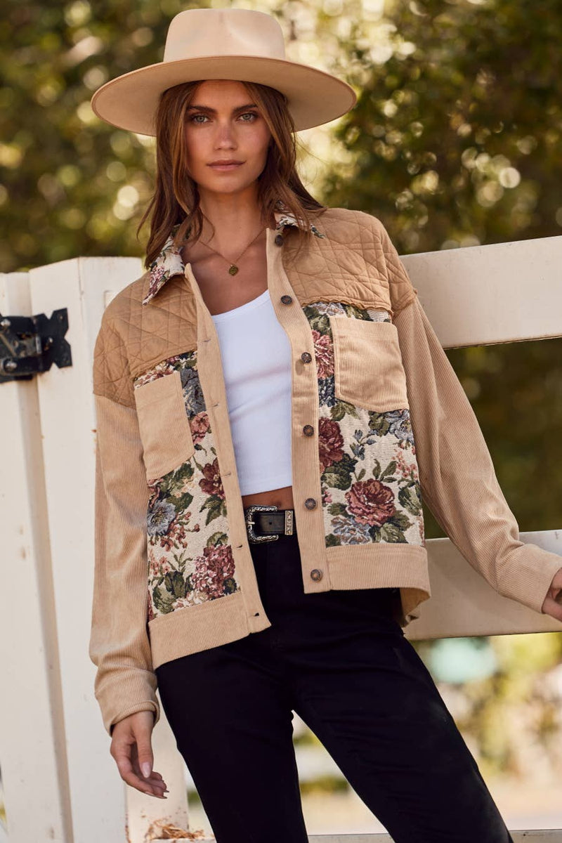 Vintage Rose Patch Shacket: Taupe Multi – Haute as Ice