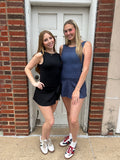 Court Side Cutie Dress: Navy Polka Dot