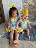 Summer Lemons Romper: Lt Blue/Yellow