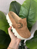 Tardy Sandals: Tobacco Faux Suede