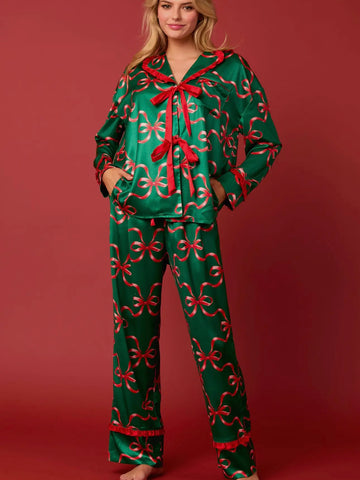 Holiday Bow Pajamas: Green/Red