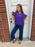 Victory Ruffles Top: Purple/ Yellow