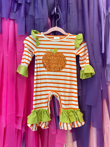 Sequin Pumpkin Romper: Orange Mix