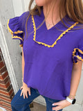 Victory Ruffles Top: Purple/ Yellow