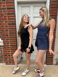 Court Side Cutie Dress: Navy Polka Dot