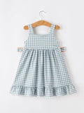 Summer Plaid Smocked “I ❤ MAMA” Girls Dress: Dusty Blue