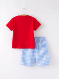 US Flag Embroidered Smocked Boys Set: Red/Blue