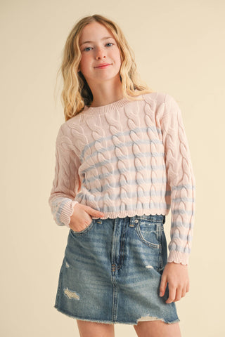 Cutie Cable Knit Sweater: Pink/Grey