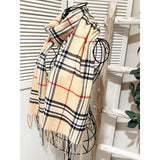 Plaid Print Fringe Scarf : BEIGE