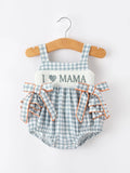 Summer Plaid Smocked “I ❤ MAMA” Girls Romper: Dusty Blue