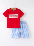 US Flag Embroidered Smocked Boys Set: Red/Blue