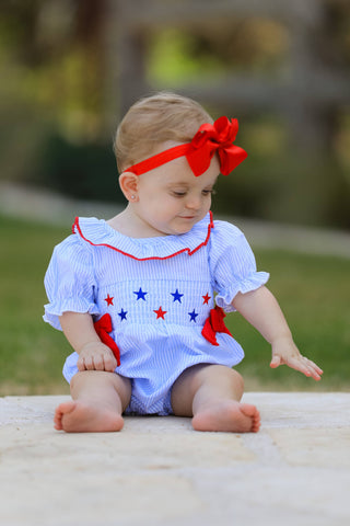 Star Embroidered Girls’ Smocked Romper: Blue