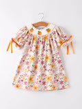 Fall Florals Smocked Girl Dress: Orange Mix