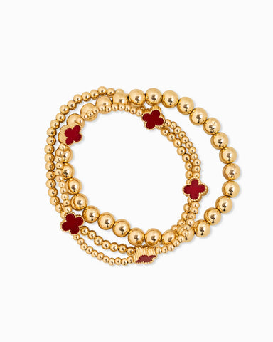 Clover Beaded Bracelets, Set of 3: Burgundy