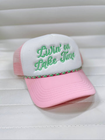 Lake Time Trucker Cap: Pink/White