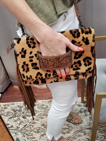Joelee Leopard Fringe Bag
