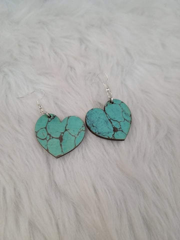 Wooden Heart Earrings: Turquoise