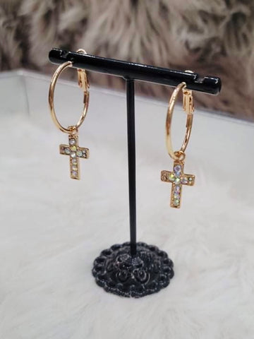 Dainty Hoop Cross Earrings: Gold