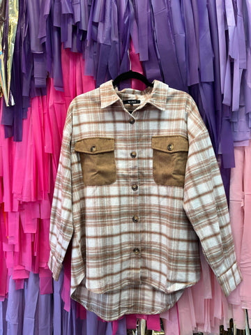 Contrast Plaid Shacket: Brown Mix
